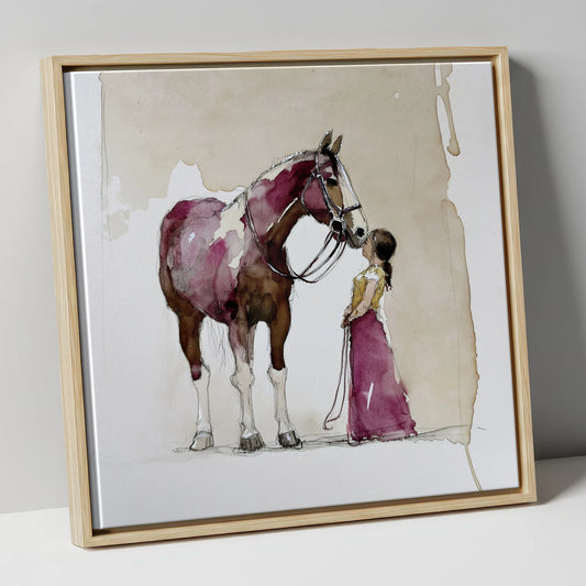 A Gentle Greeting horse & rider canvas wall art in natural frame
