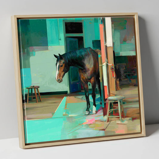 Quiet Yard in Teal horse stable canvas wall art in natural frame