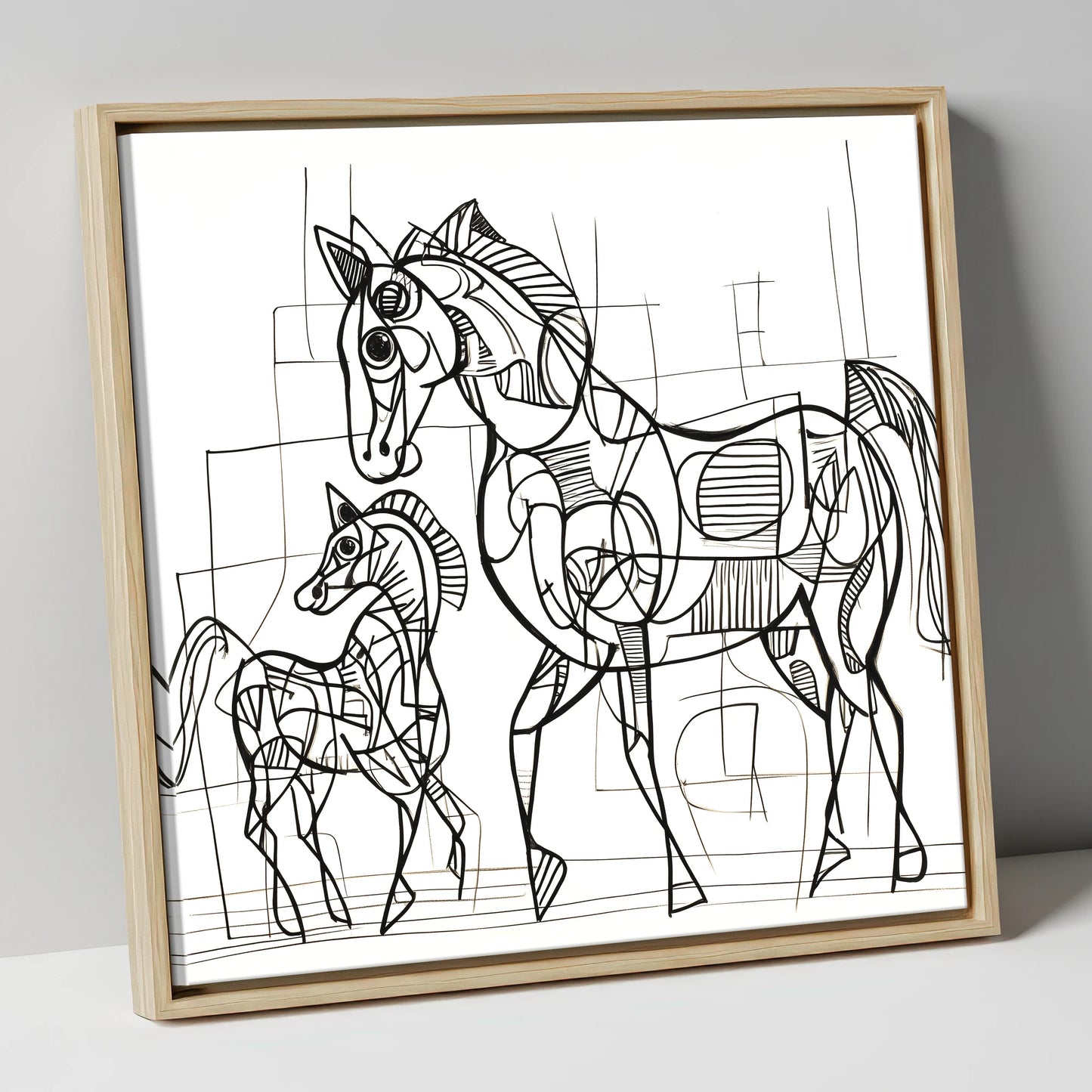 Linear Connection mare & foal canvas wall art in natural frame