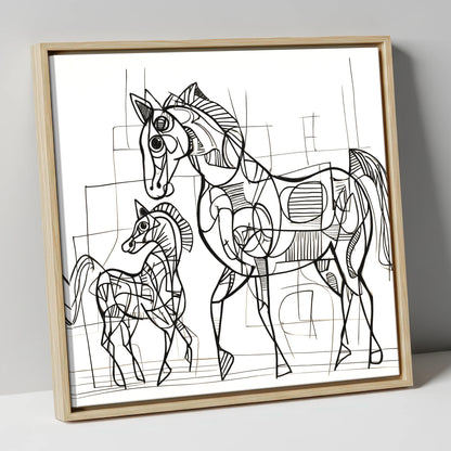 Linear Connection mare & foal canvas wall art in natural frame