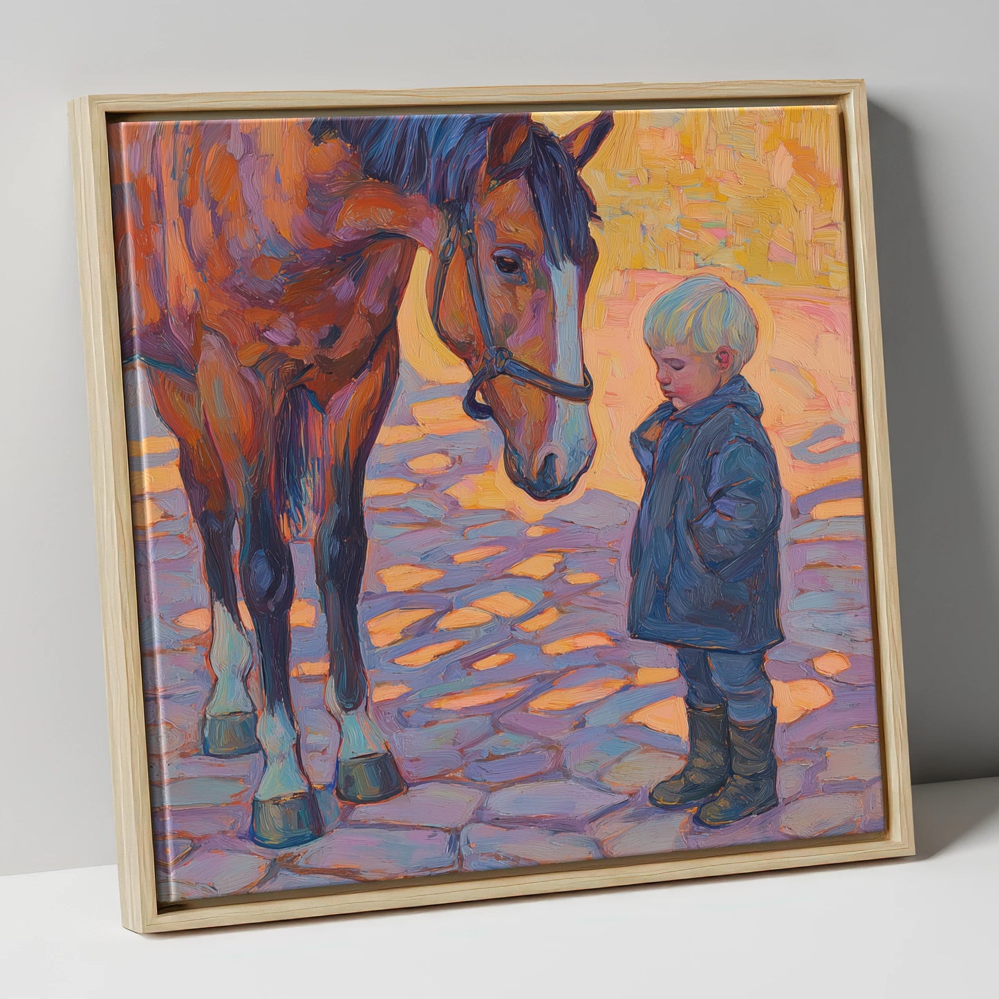 The Gentle Encounter horse & rider canvas wall art in natural frame