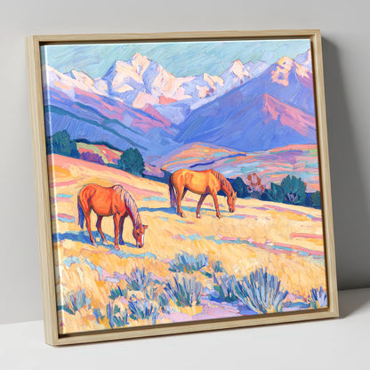 Grazing Beneath Violet Peaks horse landscape canvas wall art in natural frame