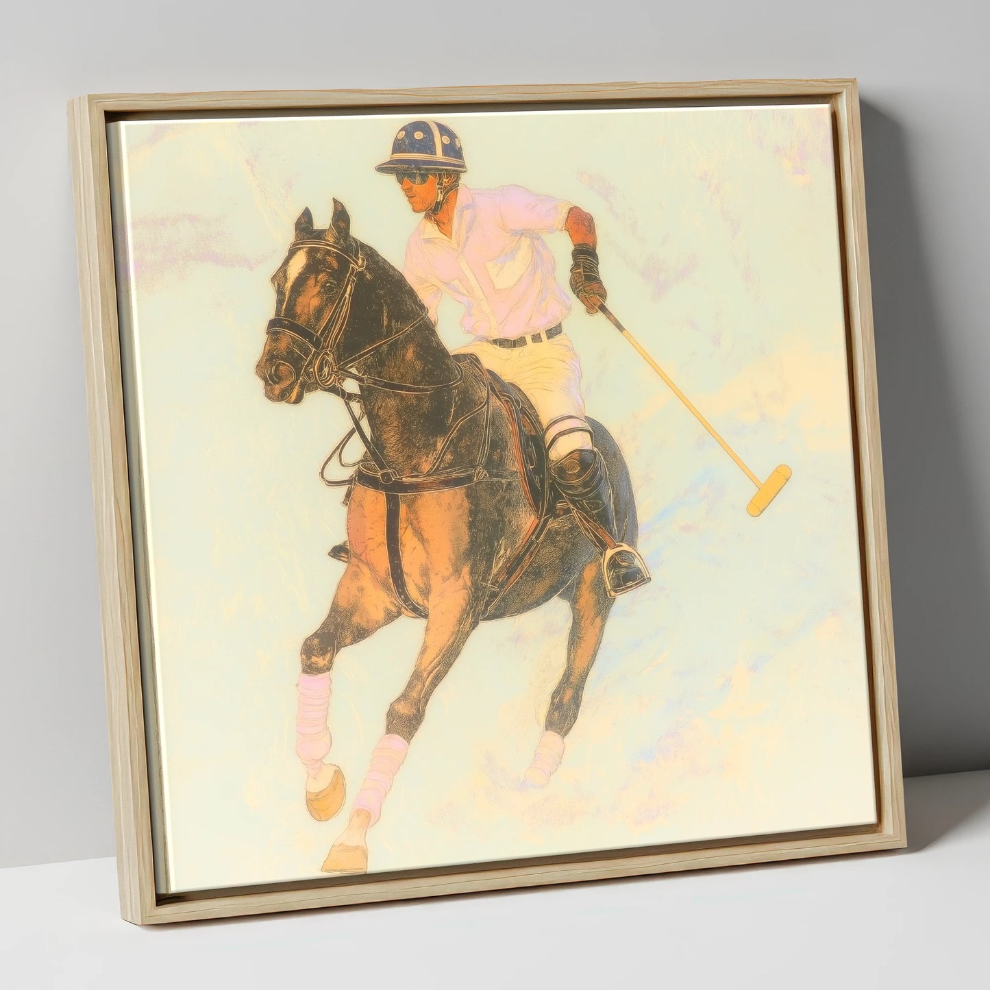 Luminous Chukka polo horse canvas wall art in natural frame