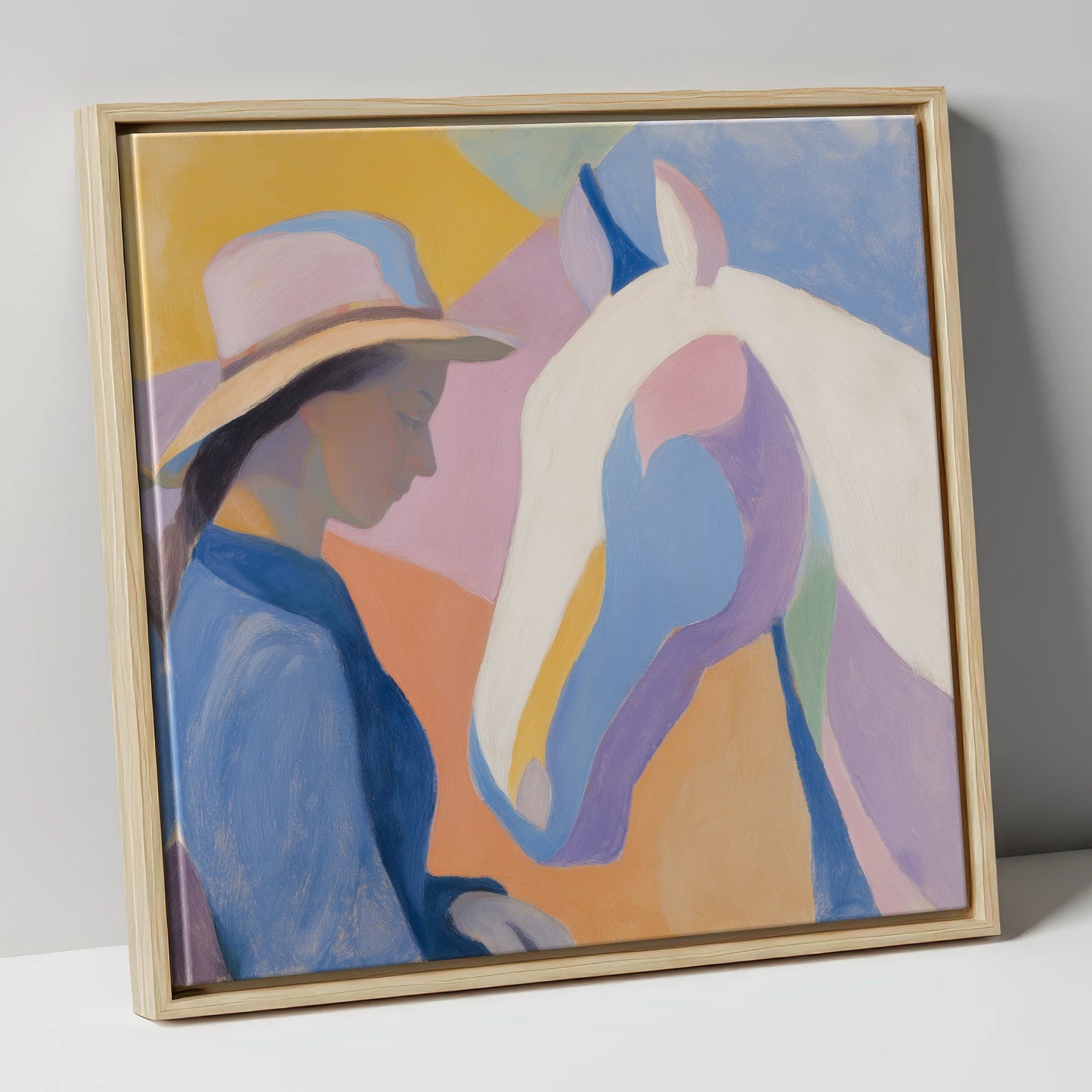 Quiet Harmony horse & rider canvas wall art in natural frame