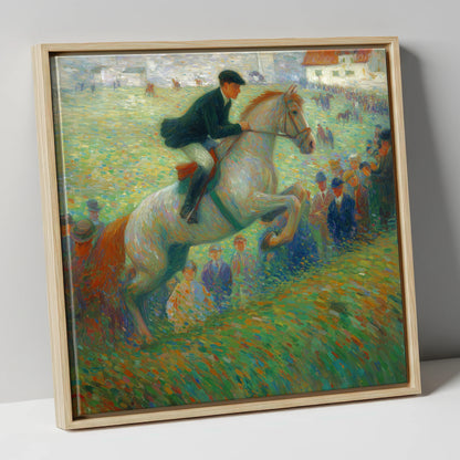Luminous Grey in Flight show jumping horse canvas wall art in natural frame