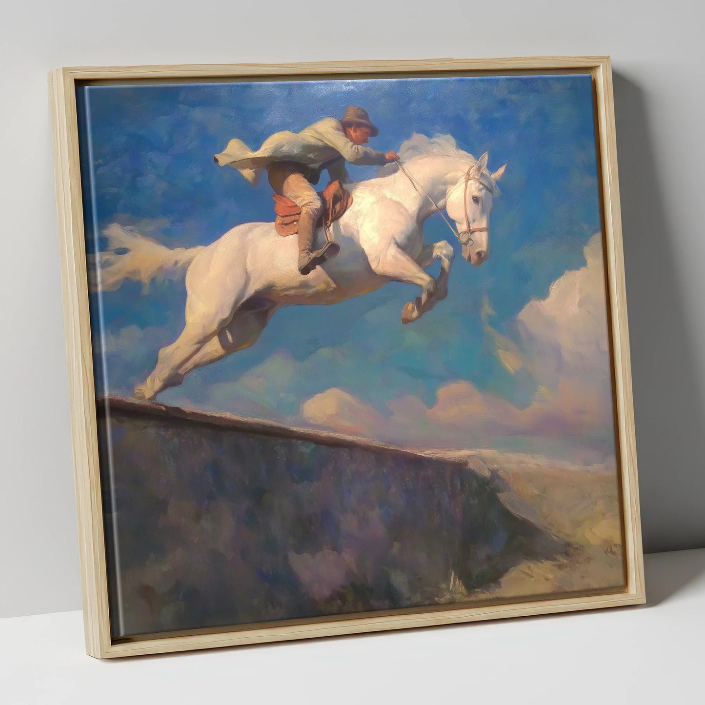Skyward Bound show jumping horse canvas wall art in natural frame