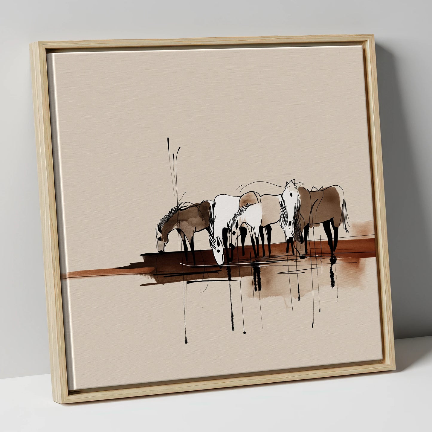 Gathering at the Water wild horses canvas wall art in natural frame