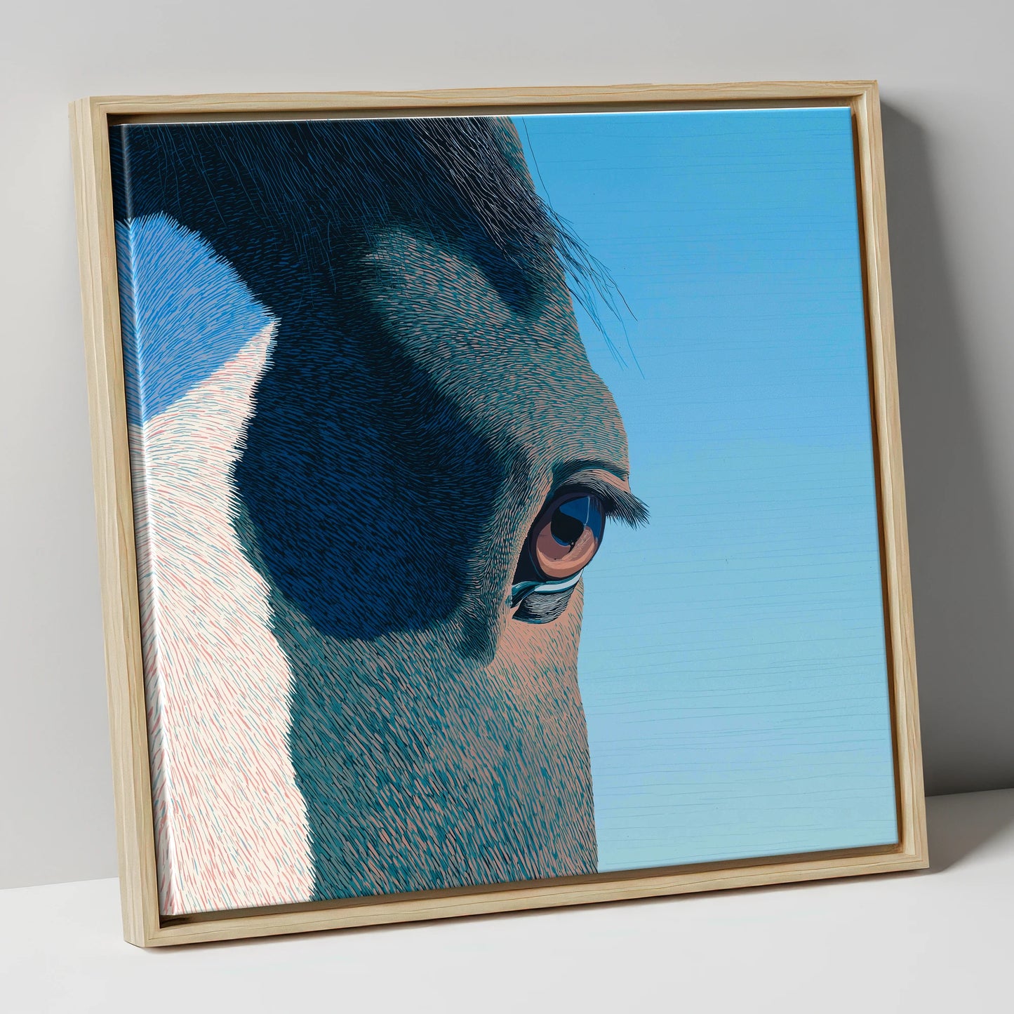 Stillness in Blue horse portrait canvas wall art in natural frame