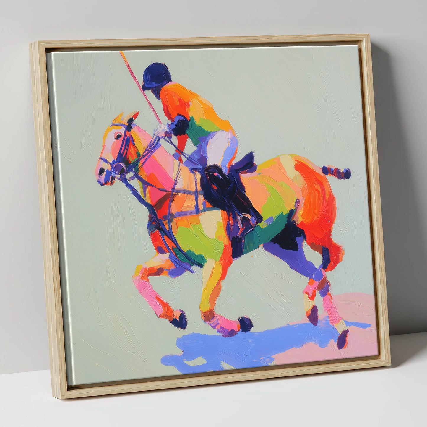 Technicolour Polo Stride polo horse canvas wall art in natural frame