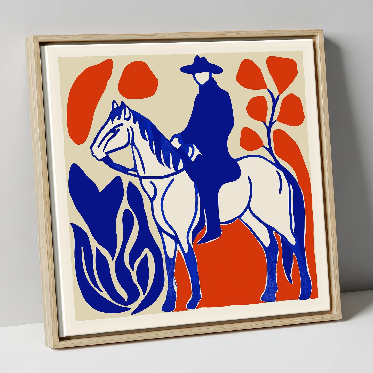 The Cobalt Western Rider western horse canvas wall art in natural frame