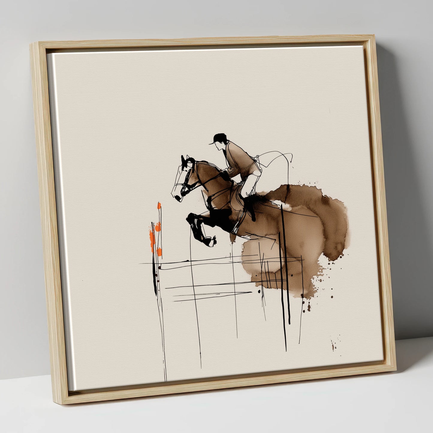 Dynamic Showjumping Flight show jumping horse canvas wall art in natural frame