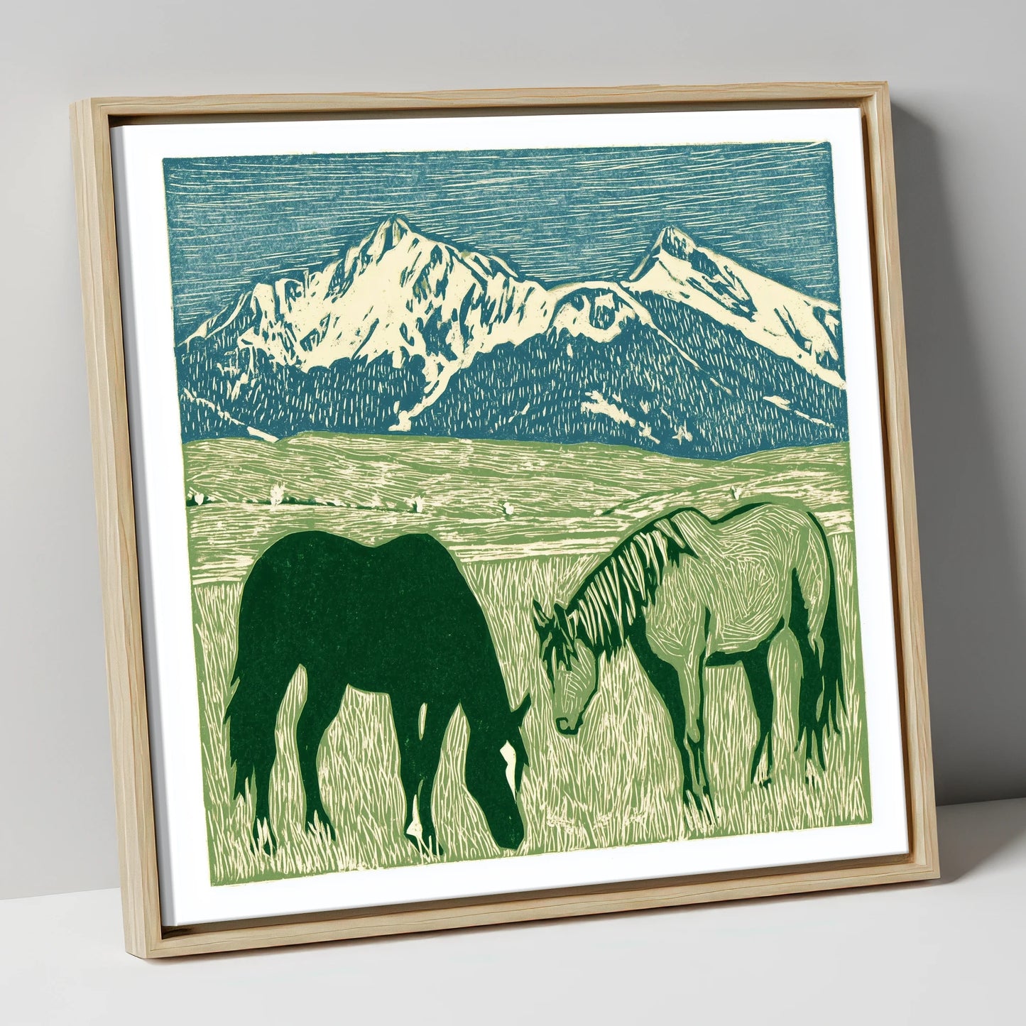 Alpine Grazing horse landscape canvas wall art in natural frame