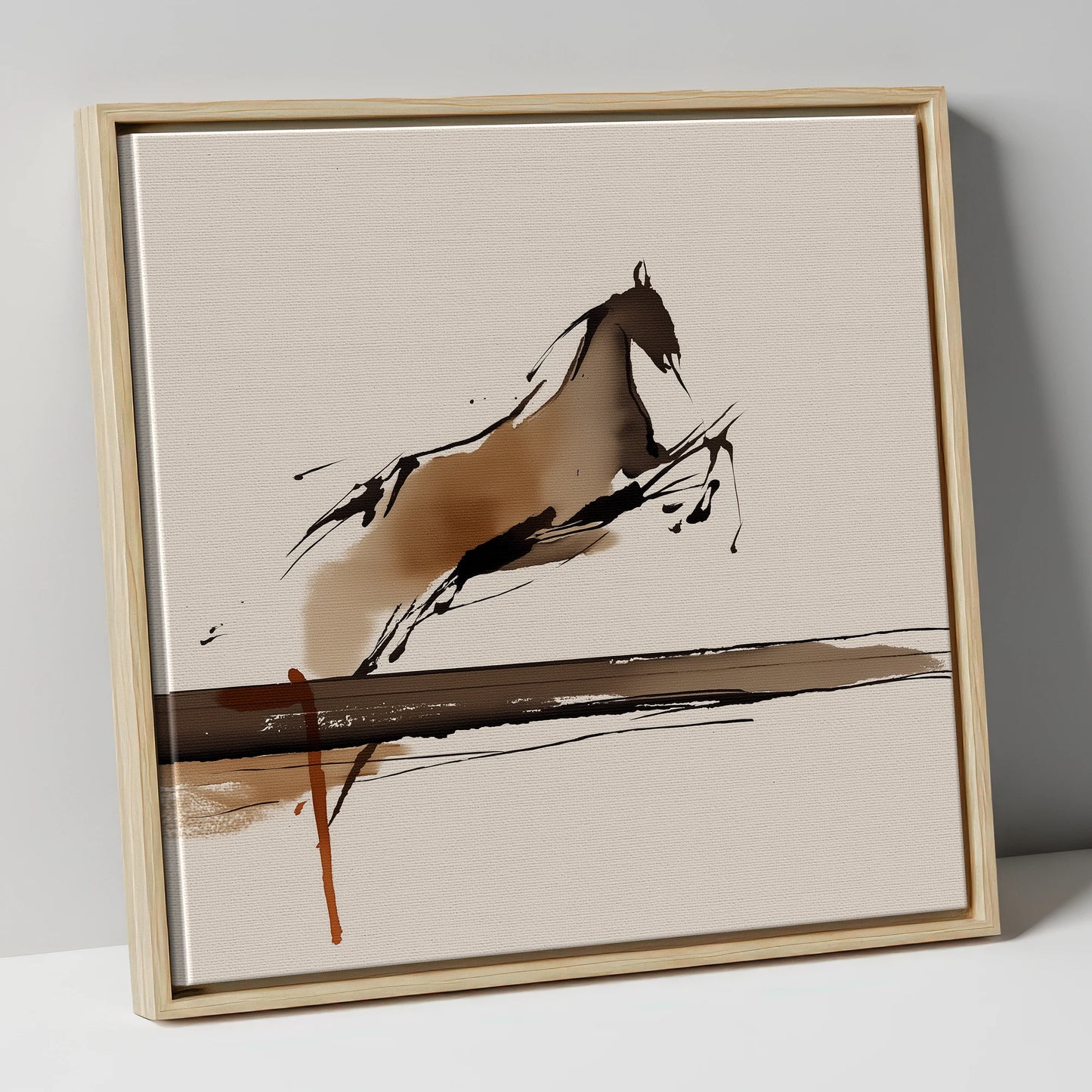 Airborne Elegance show jumping horse canvas wall art in natural frame