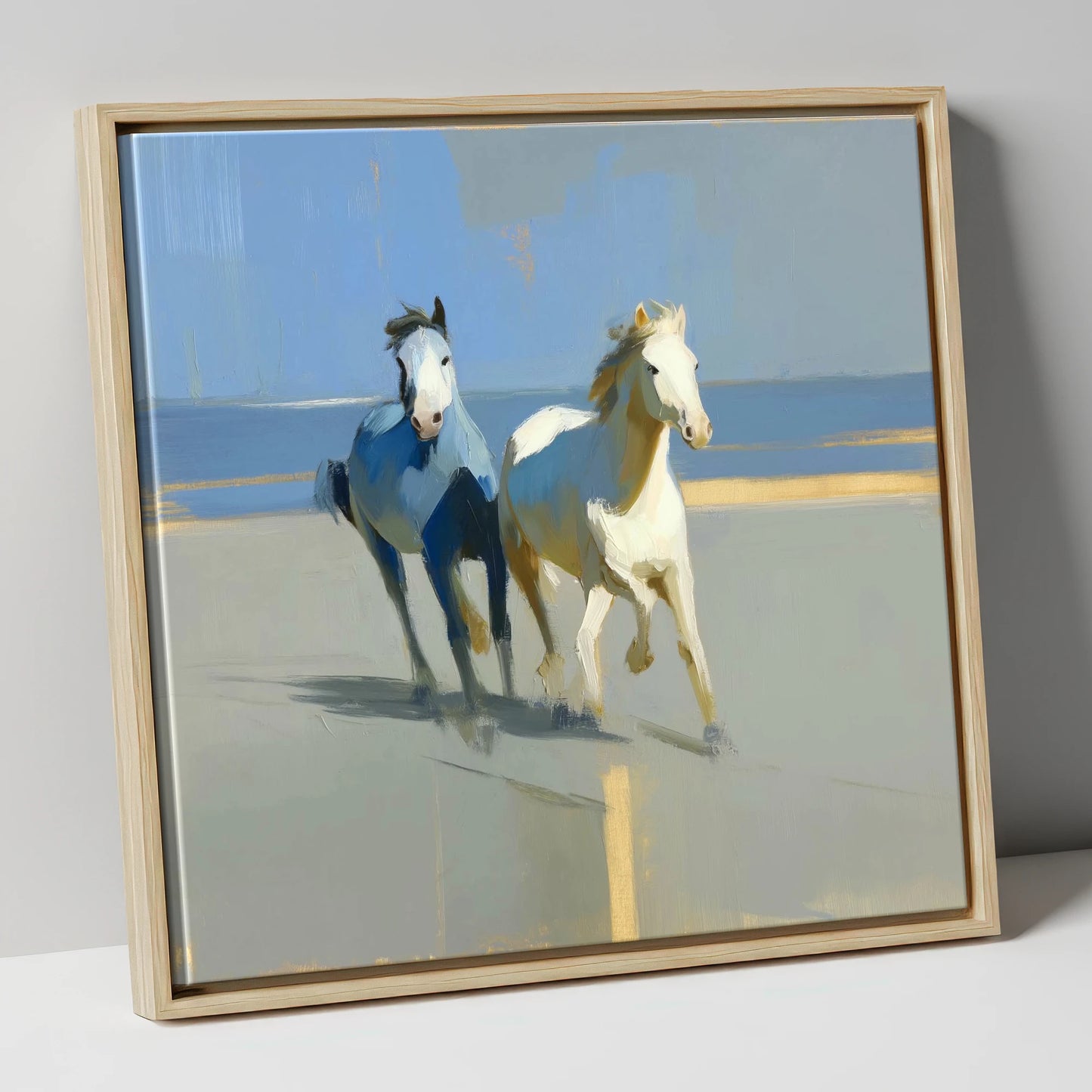 Sunlit Coastal Canter wild horses canvas wall art in natural frame