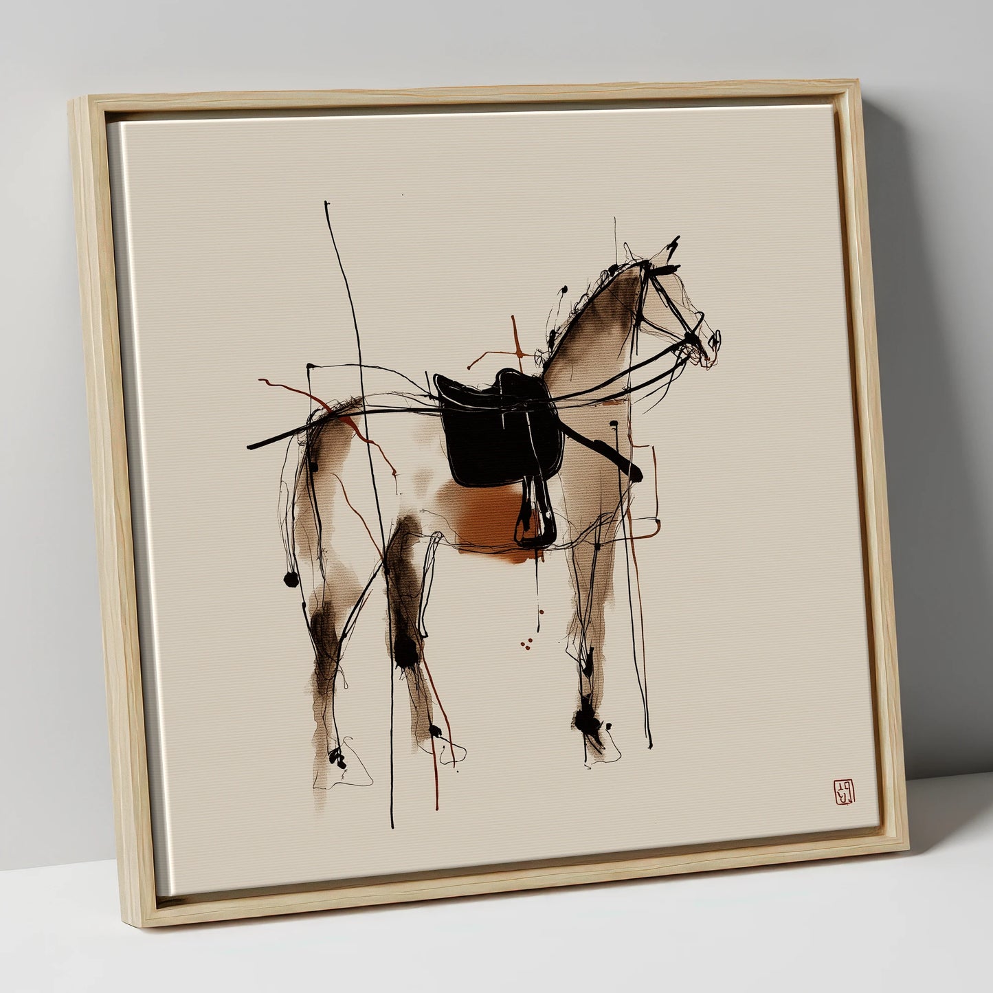 Saddled Equine Silhouette horse portrait canvas wall art in natural frame