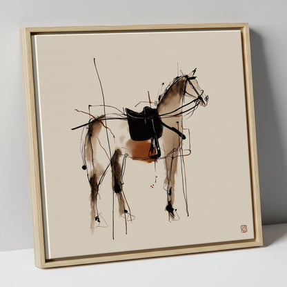 Saddled Equine Silhouette horse portrait canvas wall art in natural frame