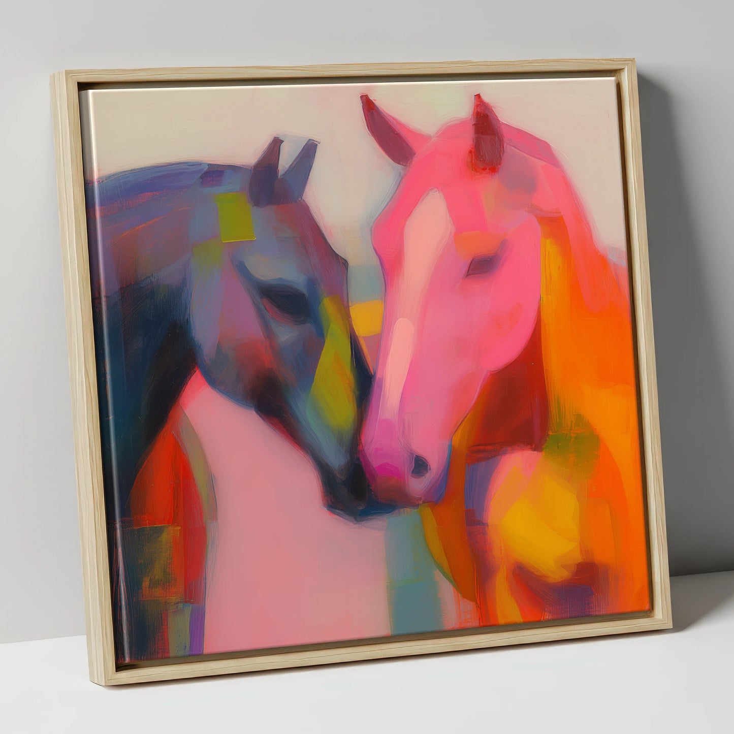 Vibrant Companions horse portrait canvas wall art in natural frame