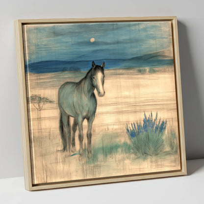 Twilight Moonlit Watch horse landscape canvas wall art in natural frame