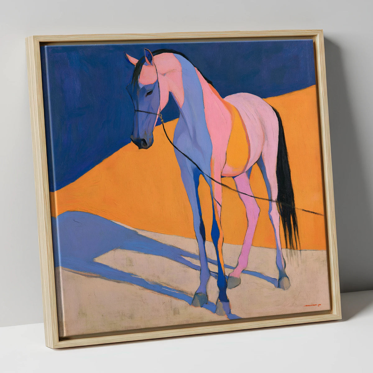 Pink and Blue Abstract Horse horse breed canvas wall art in natural frame