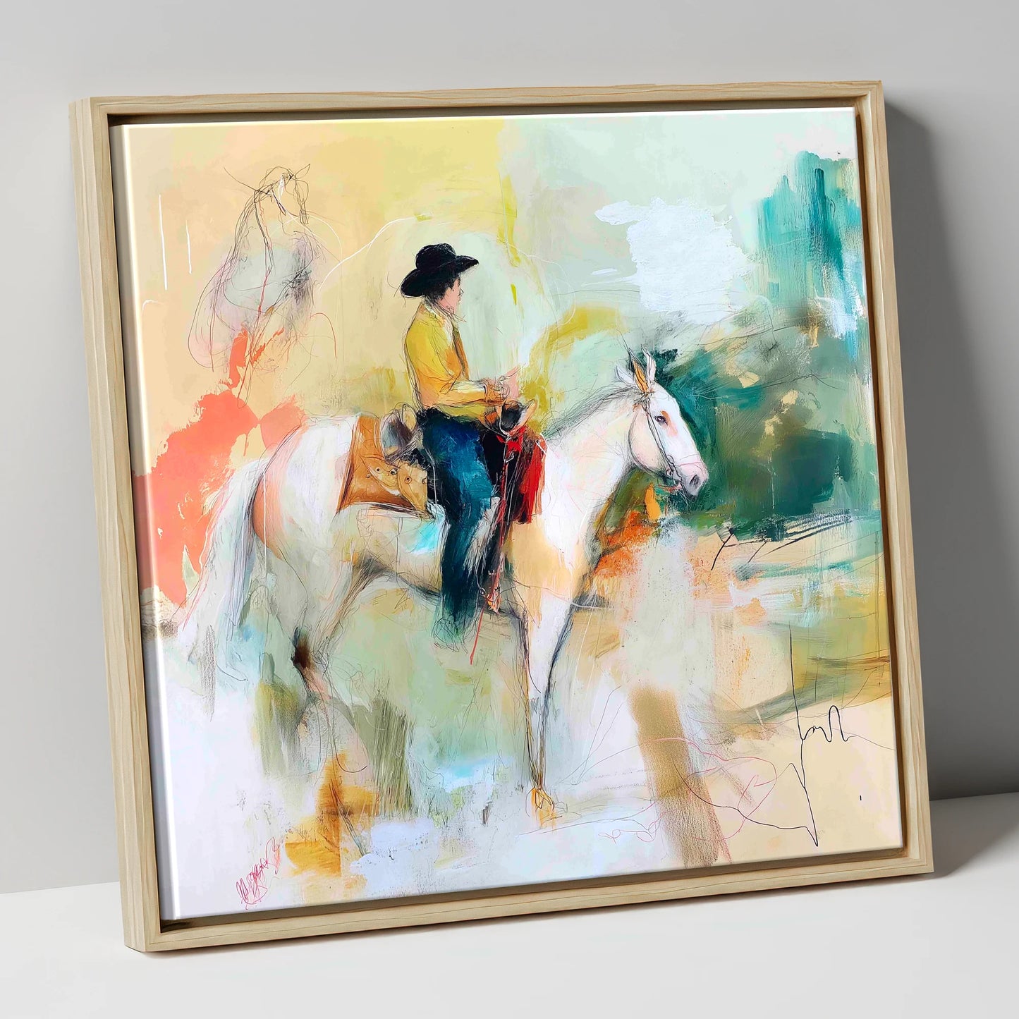 Painted Prairie Solitude western horse canvas wall art in natural frame
