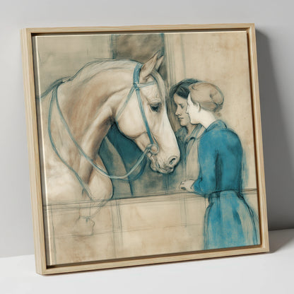 A Gentle Exchange horse & rider canvas wall art in natural frame