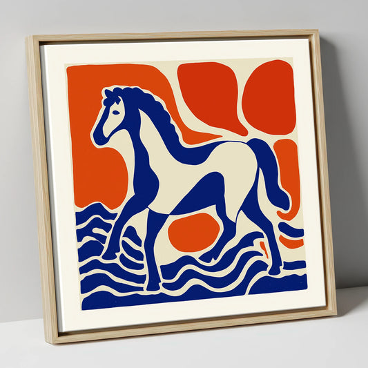Striding Through Cobalt horse landscape canvas wall art in natural frame