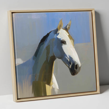 Sunlit Slate Grey horse portrait canvas wall art in natural frame