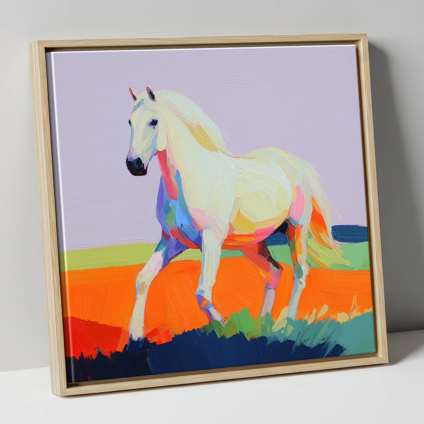Vibrant Stride horse breed canvas wall art in natural frame
