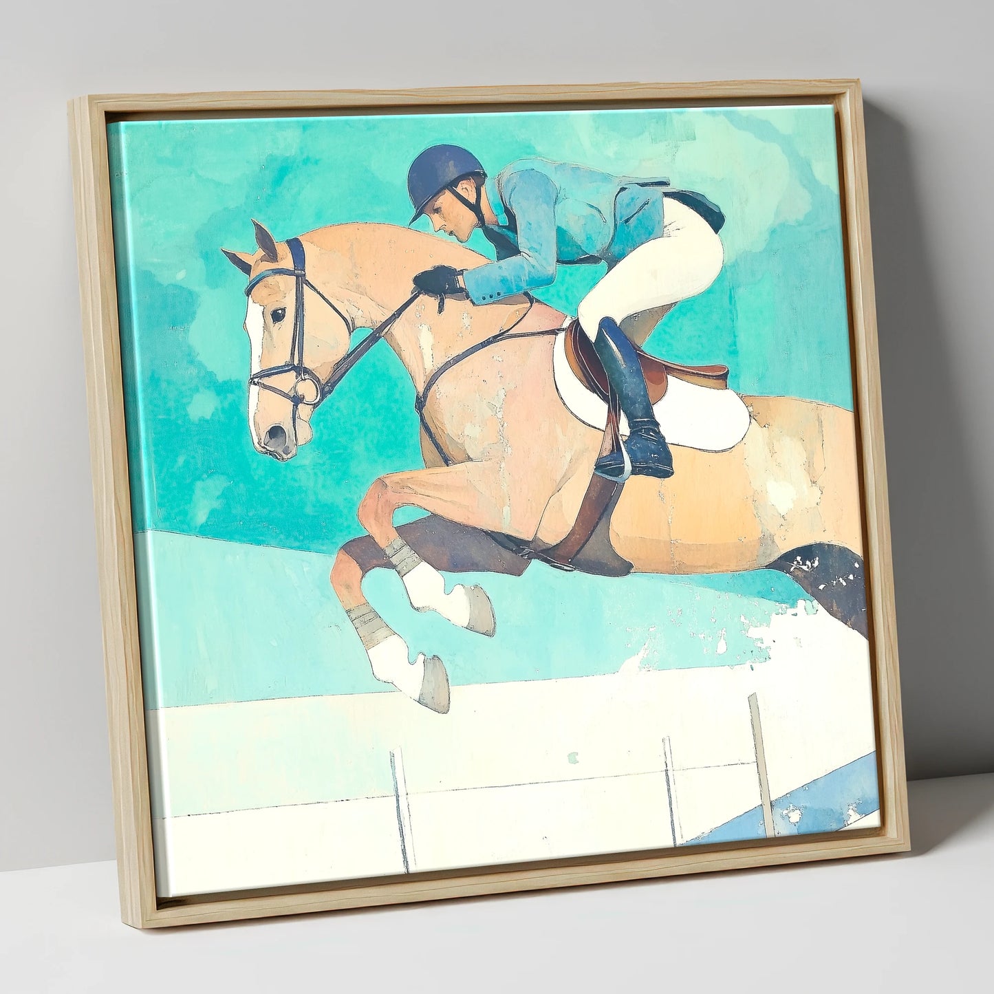 Aquamarine Flight show jumping horse canvas wall art in natural frame