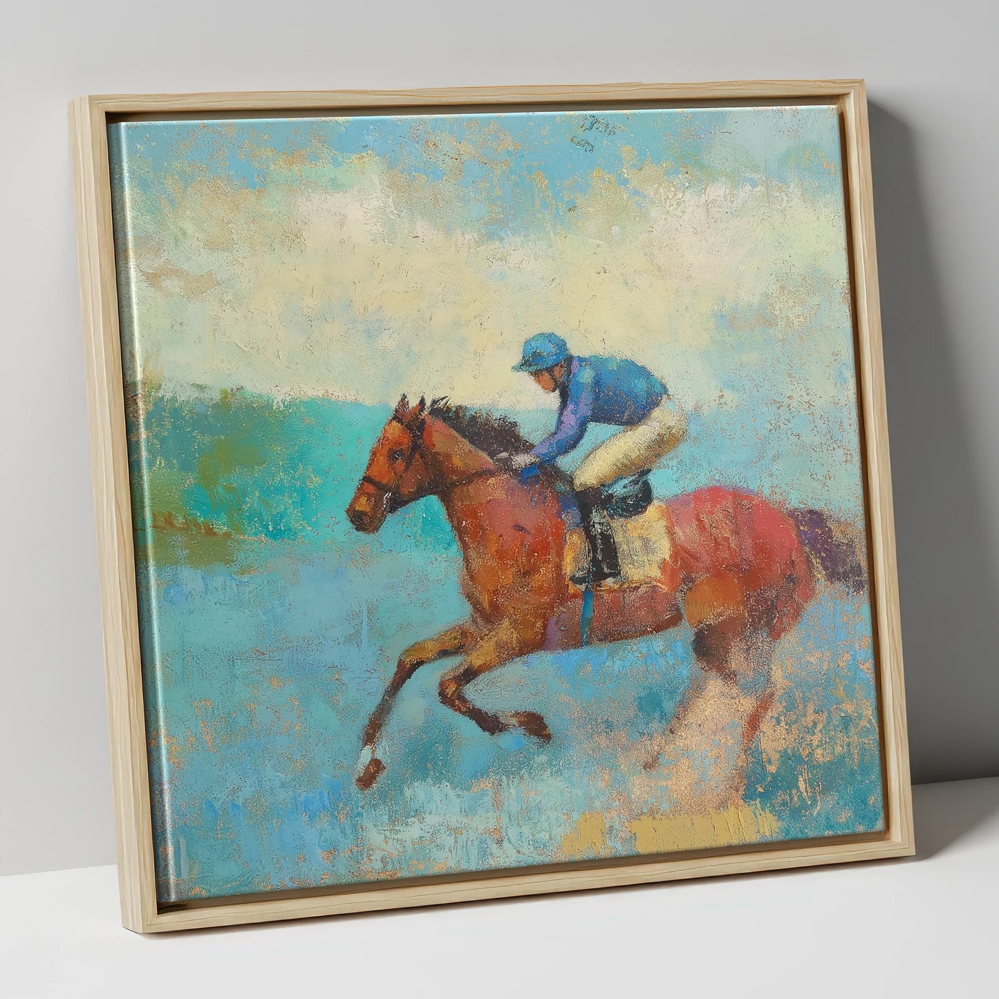 Flight in Turquoise racing horse canvas wall art in natural frame