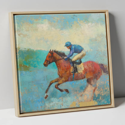 Flight in Turquoise racing horse canvas wall art in natural frame