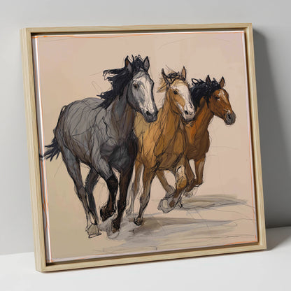 Spirited Trio wild horses canvas wall art in natural frame