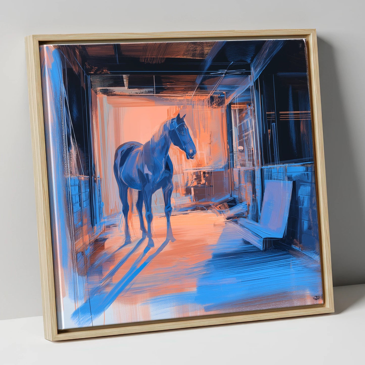The Quiet Aisle horse stable canvas wall art in natural frame