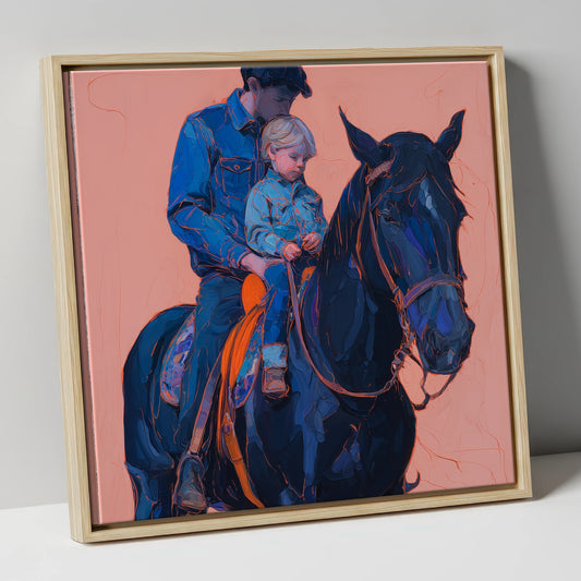 Safe in the Saddle horse & rider canvas wall art in natural frame