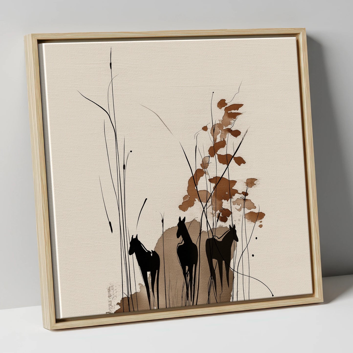 Serenity in the Reeds wild horses canvas wall art in natural frame