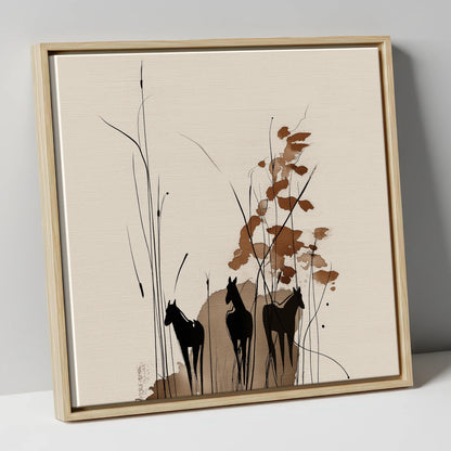 Serenity in the Reeds wild horses canvas wall art in natural frame