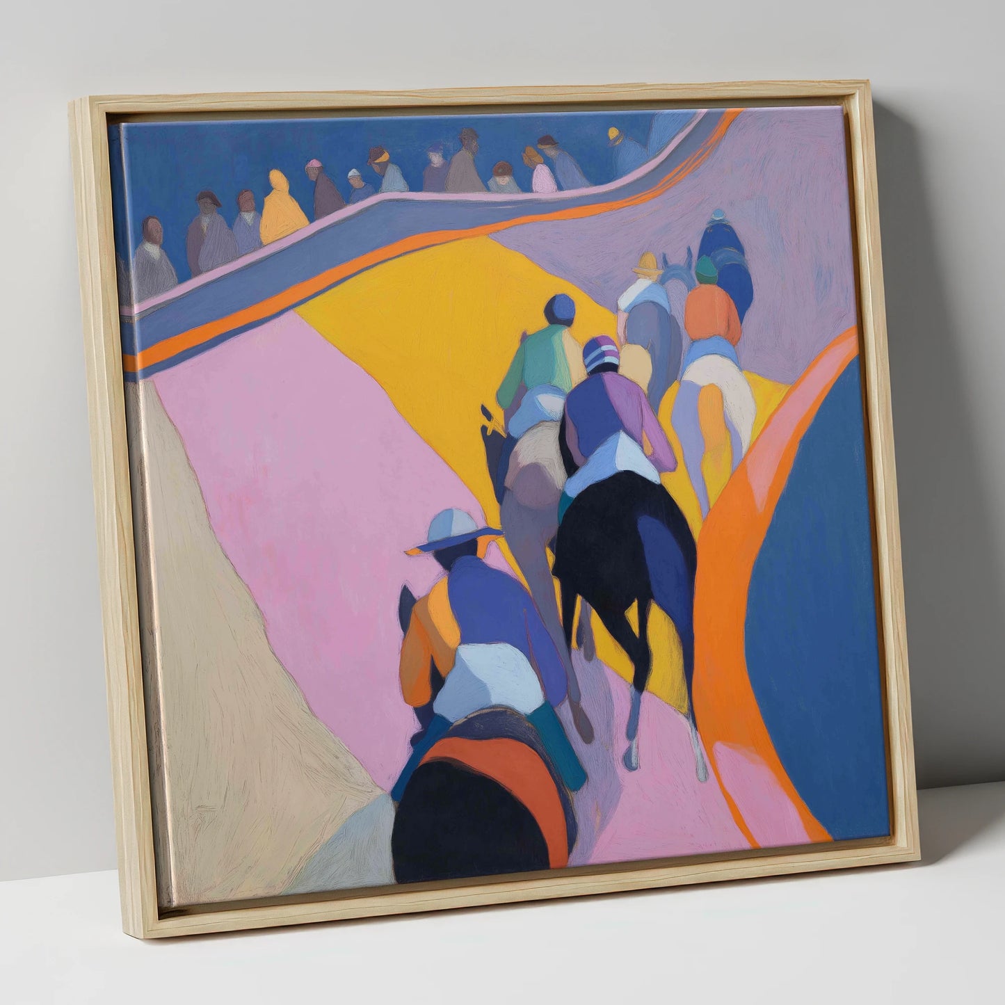 Heading To The Post racing horse canvas wall art in natural frame