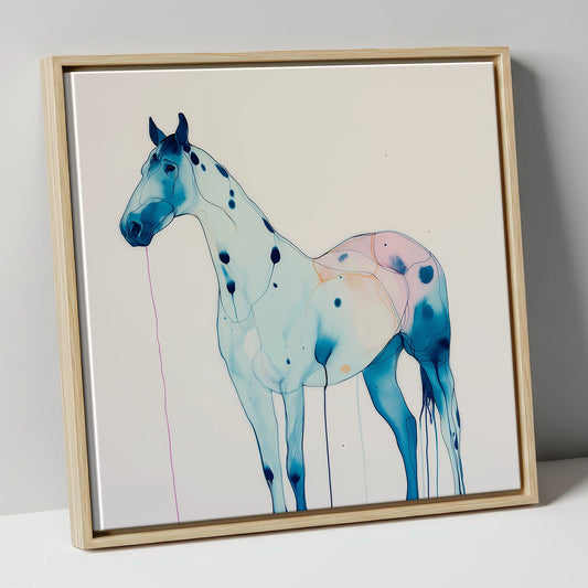 Blue Ink Wash Spotted Horse horse breed canvas wall art in natural frame