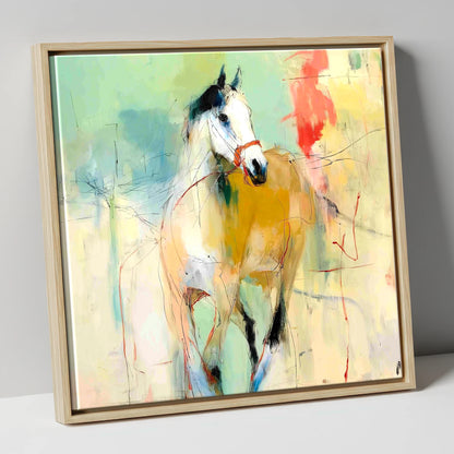 Abstract Paddock Spirit racing horse canvas wall art in natural frame