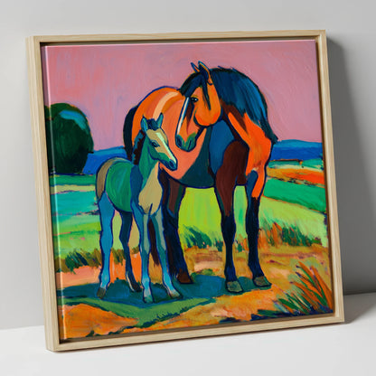 Vivid Bonds mare & foal canvas wall art in natural frame