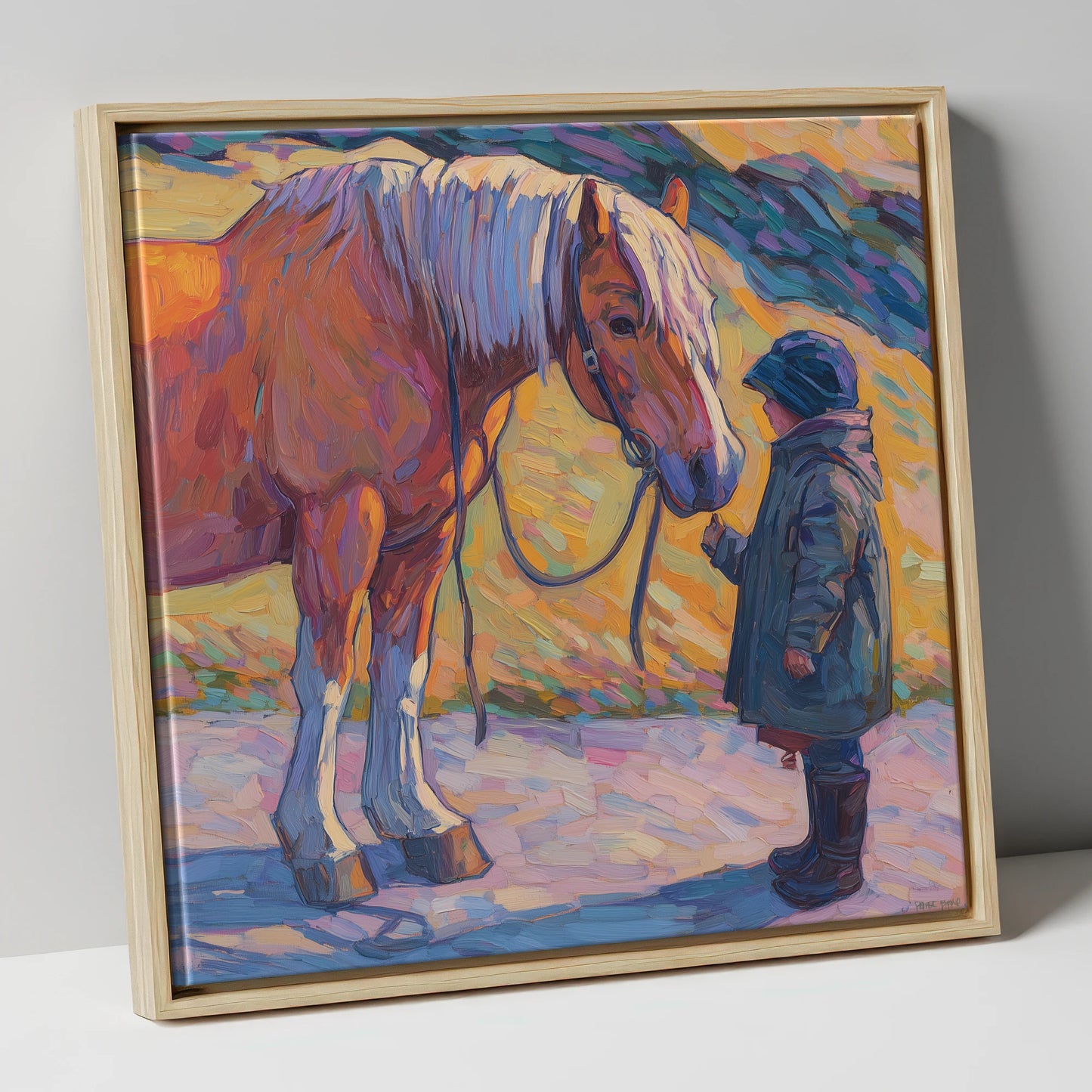 A Gentle Exchange horse & rider canvas wall art in natural frame