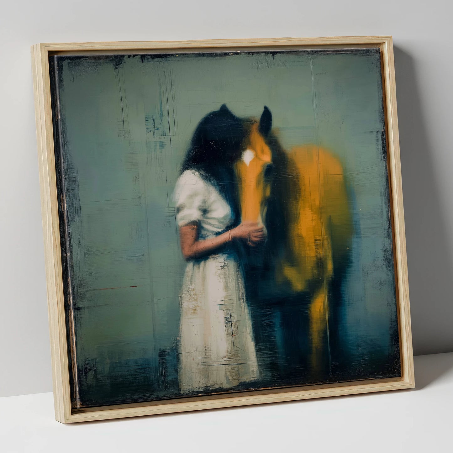Silent Devotion horse & rider canvas wall art in natural frame