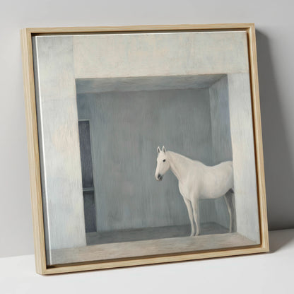 The Quiet Stall horse stable canvas wall art in natural frame