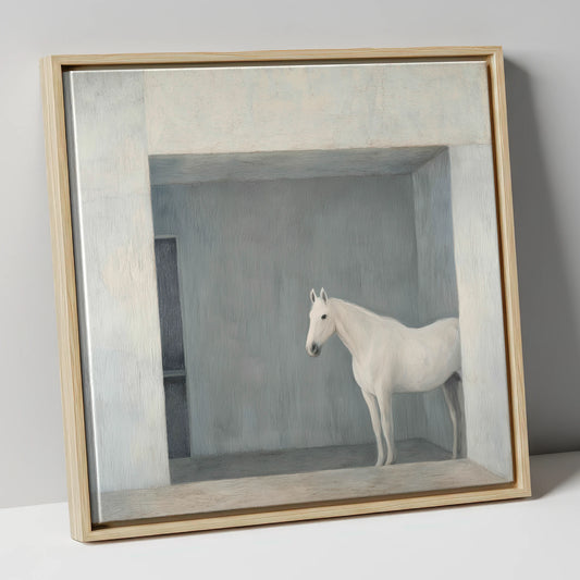 The Quiet Stall horse stable canvas wall art in natural frame