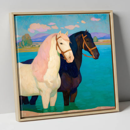 Cooling in the Shallows horse landscape canvas wall art in natural frame