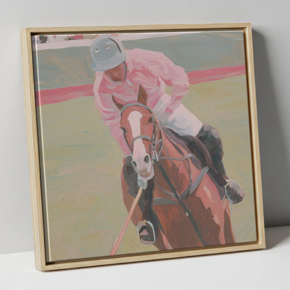 Dusty Pink Pursuit polo horse canvas wall art in natural frame