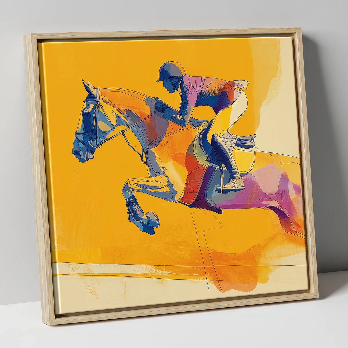 Vivid Golden Flight show jumping horse canvas wall art in natural frame