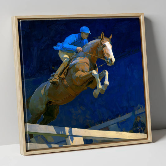 Bold Cobalt Clearance show jumping horse canvas wall art in natural frame