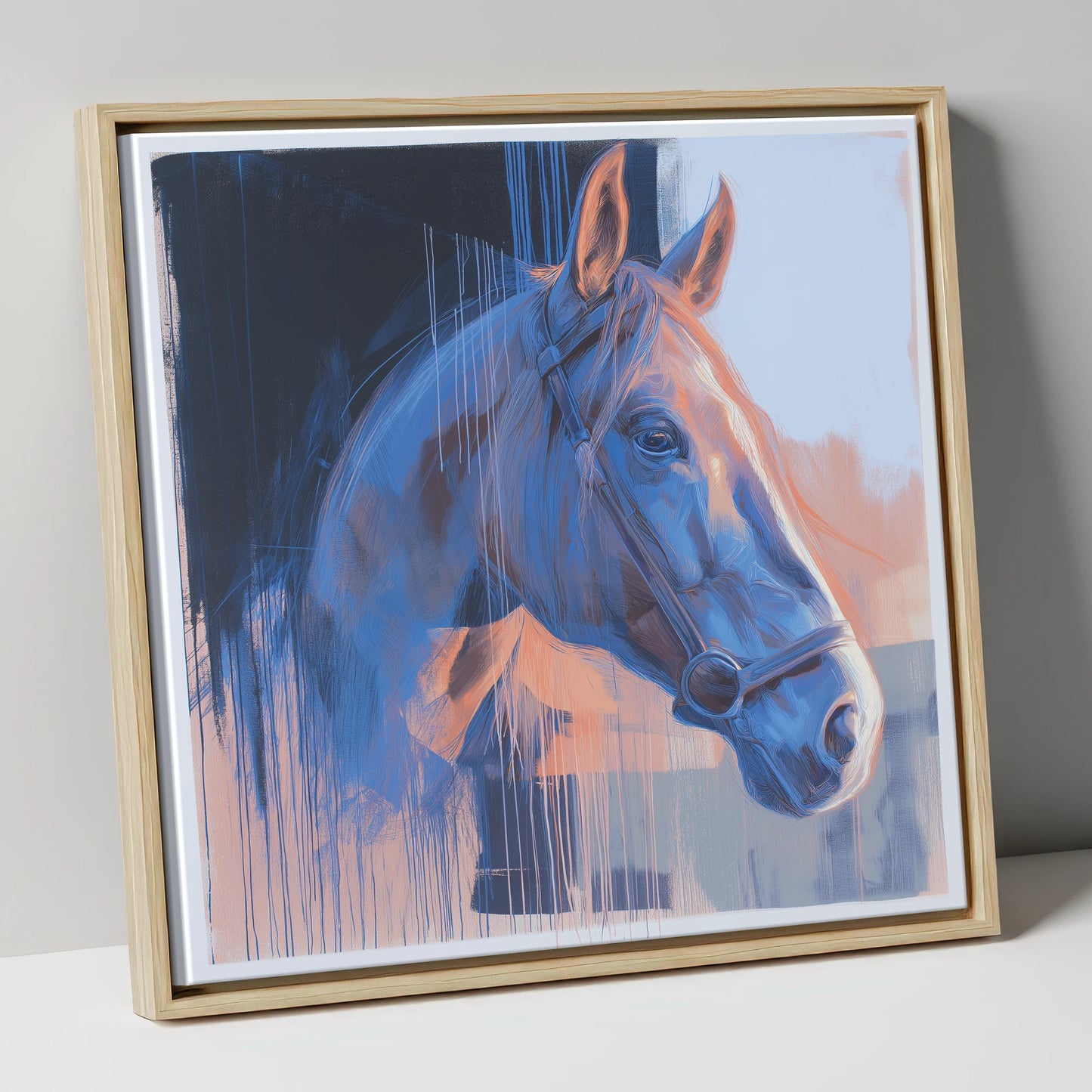 Cobalt and Apricot Light horse portrait canvas wall art in natural frame