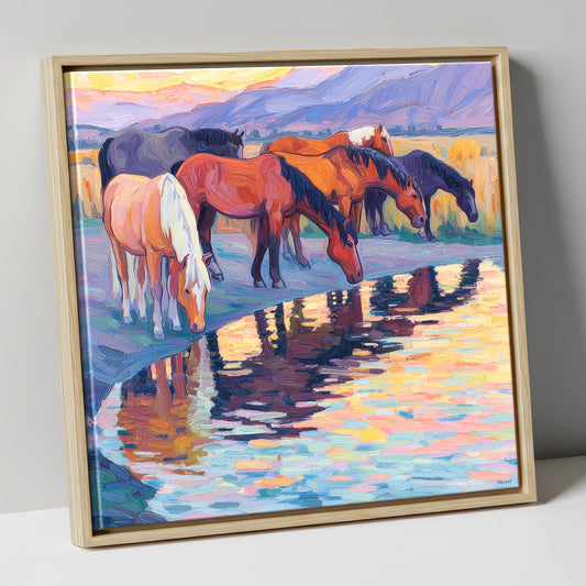Reflections at Dusk wild horses canvas wall art in natural frame